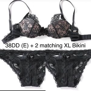 38DD Demi underwire black lace w cutout & 2 sz XL matching lace bikini Adore Me